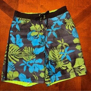 Men's Speedo Swim Trunks Board Shorts Blue Green Tropical Drawstring Medium